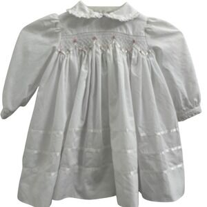 Sarah Louise Vintage Smocked Baby Girl Dress White Pink Embroidered Heirloom 18M